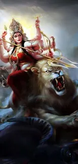 Goddess Durga riding a lion on a vibrant wallpaper.