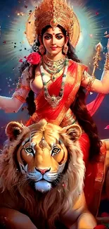 Goddess Durga in vibrant attire on a tiger, depicting spiritual strength.