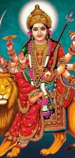 Vibrant depiction of Goddess Durga on a lion, ideal for phone wallpaper.