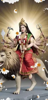 Goddess Durga adorned with weapons, seated on a lion with daisies surrounding the scene.