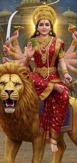 Goddess Durga in traditional attire on a lion, spiritual Indian art.