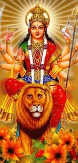 Goddess Durga with multiple arms on a lion adorned in vibrant colors.