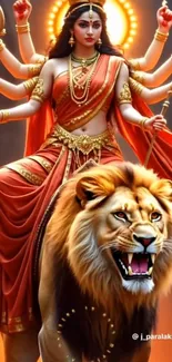 Goddess Durga sitting on a lion with multiple arms and a halo.