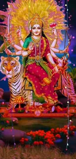 Goddess Durga with vibrant colors and a tiger companion on wallpaper.