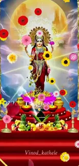 Vibrant Goddess Durga mobile wallpaper with floral design.