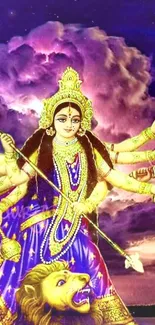 Colorful illustration of Goddess Durga with multiple arms in a vibrant purple background.