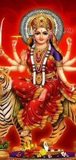 Goddess Durga in vibrant attire with tiger