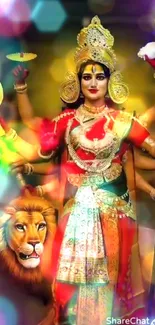 Colorful depiction of Goddess Durga with lion and vibrant background.