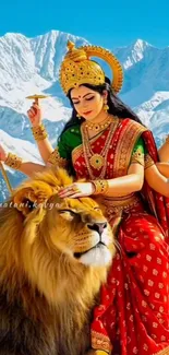 Goddess Durga riding a lion with snowy mountains in the background.