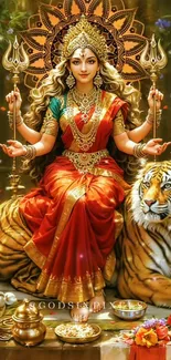 Vibrant artwork of Goddess Durga with a tiger in a floral setting.