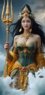 Fantasy goddess with trident amidst ocean waves.
