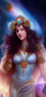 Celestial goddess artwork with mystical hues and intricate details.