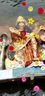 Colorful goddess idol surrounded by flowers in water.