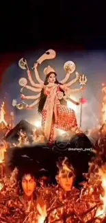 Hindu goddess amidst vibrant flames