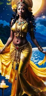 Goddess in yellow attire under moonlit sky with candles by a lake.