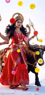 Goddess in red attire with floral elements.