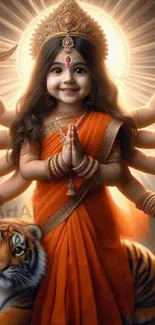 Mobile wallpaper featuring a goddess in orange with multiple arms, holding symbols.