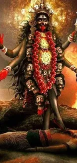 Goddess Kali artwork with fiery background.