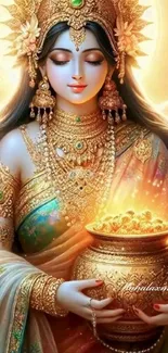 Beautiful image of Goddess Lakshmi with a glowing pot.