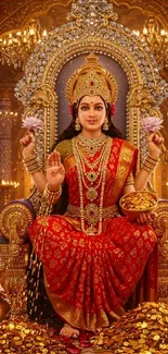 Divine Goddess Lakshmi seated on throne, depicting wealth and opulence.