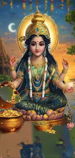 Goddess Lakshmi seated with golden pots, surrounded by a vibrant landscape.