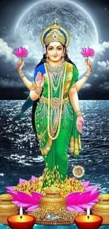 Goddess Lakshmi on lotus with moonlit background.