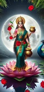 Goddess Lakshmi with peacock under moonlight in lotus lake.