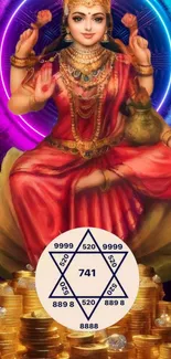 Mobile wallpaper of Goddess Lakshmi with mystical aura and golden coins in red attire.