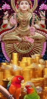 Goddess Lakshmi sits in front of a pile of gold coins with colorful parrots.