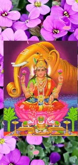 Vibrant wallpaper of Goddess Lakshmi surrounded by pink flowers.