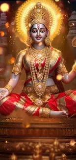 Goddess Laxmi in red and gold attire, sitting in divine posture.