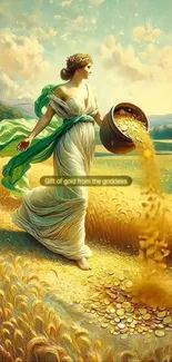 Goddess in flowing dress pouring gold in nature scene wallpaper.