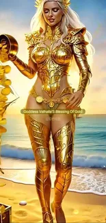 Golden goddess stands on beach with coins and ship in the background.