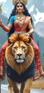 Goddess riding a lion with mountains in background, mobile wallpaper.