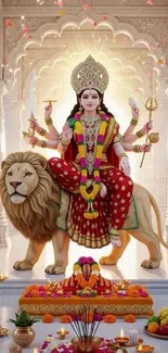 Goddess sitting on a lion in a temple with vibrant decor and flowers.