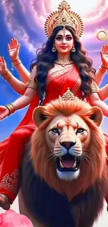 Goddess Durga in red garments seated on a lion under a vibrant sky.