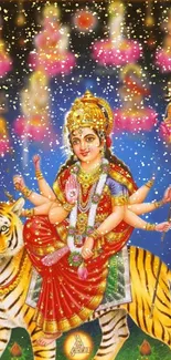 Goddess seated on a tiger with sparkles and divine figures in vibrant hues.