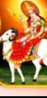 Goddess in red riding a white bull on an orange background.