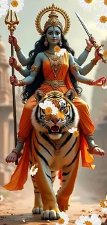 Goddess riding a tiger with flowers and vibrant colors.