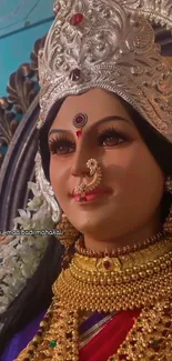 Goddess Durga statue adorned with traditional jewelry.