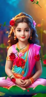 Colorful goddess-themed mobile wallpaper with roses.