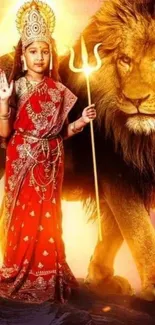 Young goddess in red with lion, radiant gold hues.