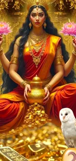 Fantasy goddess holding lotus with owl and gold coins.