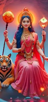 Goddess seated with a tiger, glowing aura.