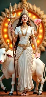 Goddess in white dress standing alongside a white bull.