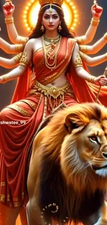 A divine goddess with multiple arms riding a lion under a radiant halo.