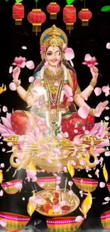 Colorful goddess with pink petals and lanterns on black background.