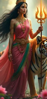 Goddess in elegant attire holding a trident with a tiger beside her, surrounded by flowers.