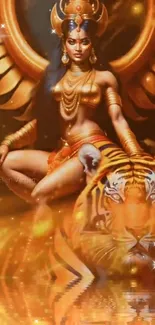 Divine goddess with tiger in golden hues on artistic wallpaper.