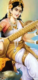 Painting of a goddess playing veena on a golden-themed mobile wallpaper.